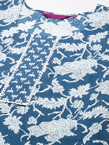 ANNI DESIGNER Women's Cotton Blend Printed Straight Kurta with Pant (Pustak Blue-Nw_XL_White/Blue_X-Large)