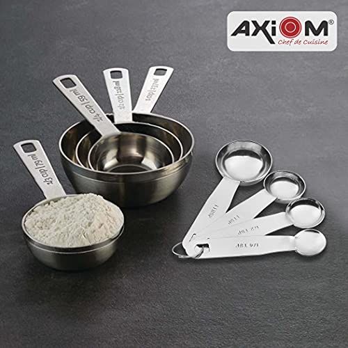 AXIOM Measuring Set of 8 pcs Stainless_Steel Professional Quality for Baking, Cooking, 4 Stackable Measuring Cups and 4 Stackable Measuring Spoons with Measurement Engraving Handle