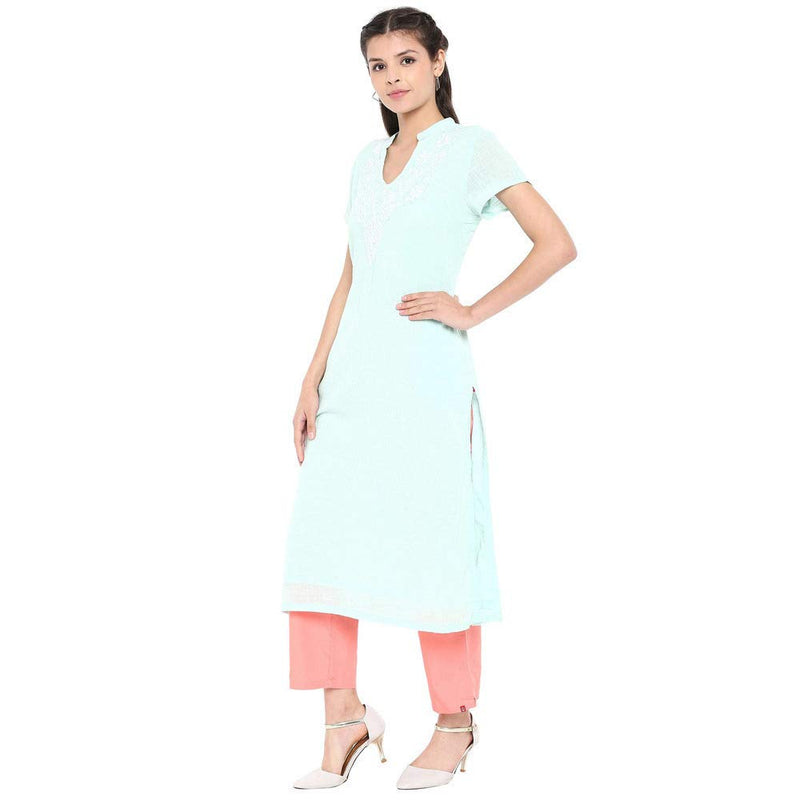 BIBA Women's Cotton Straight Kurta (CHIKANKA14740_Aqua Blue_32_Aqua Blue_S)