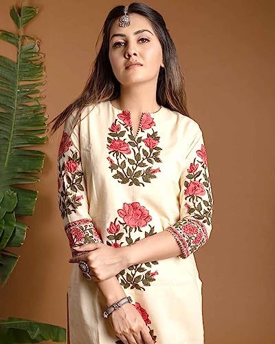 GoSriKi Women's Rayon Blend Straight Printed Kurta with Pant & Dupatta (Actual-Cream-GS_L_Cream_Large)