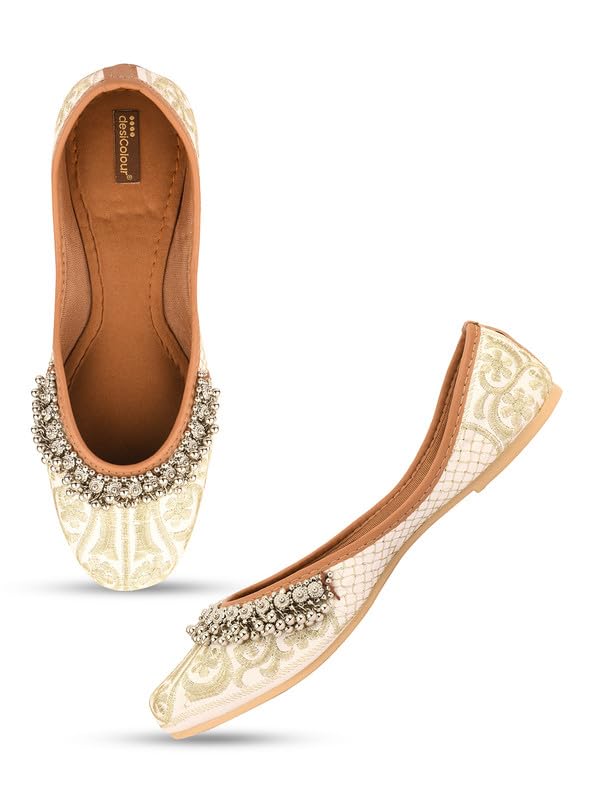DESI COLOUR Flat Footwear/Mojari/Punjabi Jutti/Bellies for Women - Embroidered Gungroo (Off White, 8)