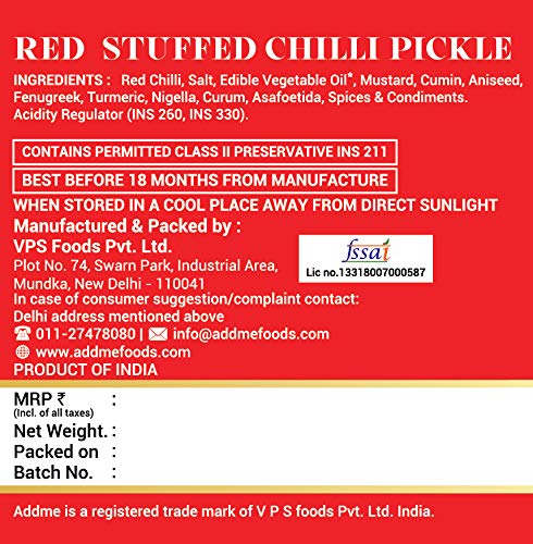 Add Me Red Stuffed Chilli Pickle 500gm Home Made lal mirch mirchi ka Bharwa Indian achar Pickles in Mustard Oil Glass Pack