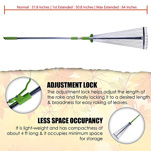 Sharpex Telescopic Metal Rake, 31 to 64 Inch Adjustable Expanding Handle Rake for Quick Clean Up of Lawn and Yard, Garden Leaf Rake and Roof | Garden Broom with Long Handle for Leaves