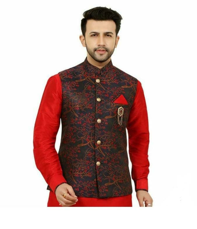 Amzira Men's Ethnic Wear Silk Blend Red Printed Nehru Jacket (Only Jacket) (M)