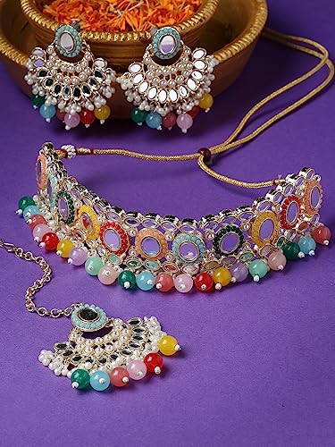 Sukkhi Classy Choker Necklace Earring Jewellery Set with Maangtikka Jewellery Set for Women