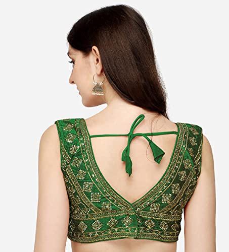 Pujia Mills Women's Silk Embroidery Sequins Zari Work Sleeveless Readymade Saree Blouse (Radha Krishna 11_Green_38)