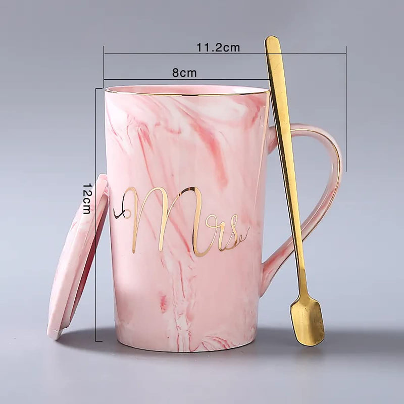 SHOPPOFOBIX Ceramic Marble Finish Coffee Mug with Lid & Spoon for Anniversary Wedding Engagement Valentine Gifts for Couple Teachers Women Men Husband Wife with Gift Box (Long MR & MRS Mug)