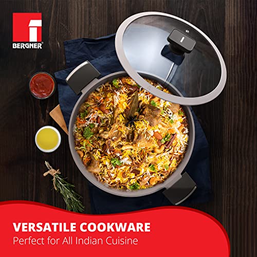 Bergner Gastro Non Stick Casserole/Briyani Pot/Handi with Glass Lid 28cm, Induction Base, Thickness 4.1mm, Brown, Gas Ready