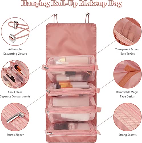 Ambiger Makeup Pouch for Women | Roll Up Makeup Hanging Bag | Folding Travel Toiletry Bag with 4 Compartments | Detachable Cosmetic Organizer (Pink)