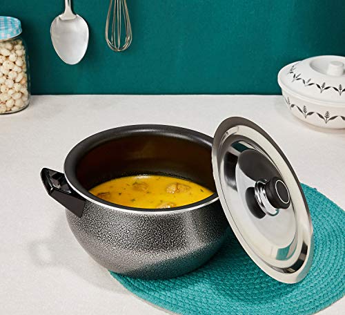 Amazon Brand - Solimo Non Stick Handi with Stainless Steel Lid (4.25L, Hammertone finish, 3 coat, 2.9mm thickness)