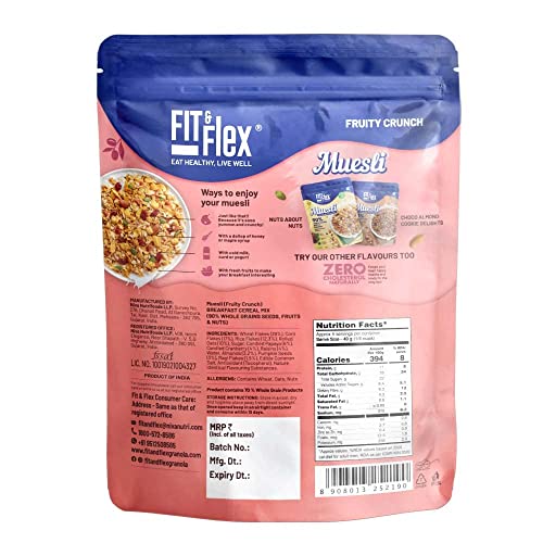 Fit & Flex Muesli Baked and fruity Crunch Healthy Cereals Breakfast High Protein Snacks Ready to Eat Oat Rich Cereal Fruit and Nuts - Pack of 1, 450gm