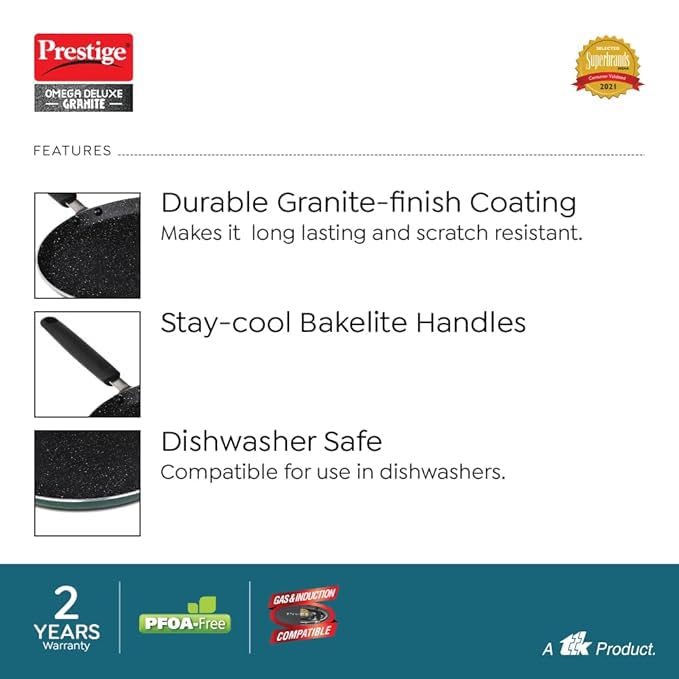 Prestige Omega Deluxe Non-Stick Cookware 3 Pc Set | PFOA Free 5-Layer Coating | Omni Tawa 25 cm | Fry Pan 24 cm | Kadai with Glass Lid 24 cm | Moss Green | Dishwasher Safe