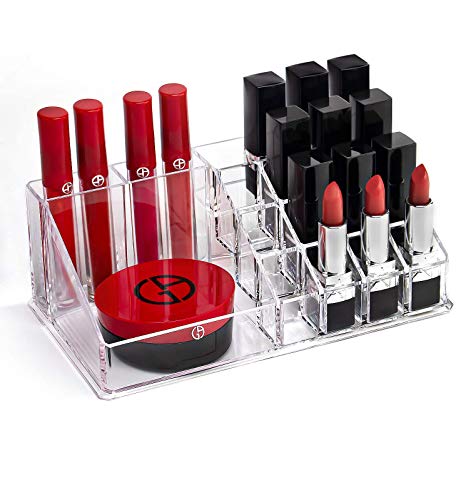 INOVERA (LABEL) Plastic 16 Compartment Cosmetic Display Cases Makeup Lipstick Storage Organizer Holder Box Case,Transparent (22L x 12.2W x 7.5H)