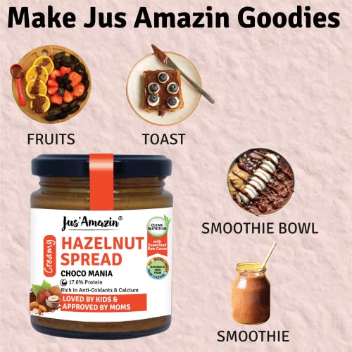 Jus' Amazin Creamy Hazelnut Spread - Choco Mania (200g) | 80% Nuts & 75% less sugar | No Emulsifiers/Hydrogenated Fats (0% Chemicals)| No Refined Sugar | Plant Based, Vegan | Chocolate Spread