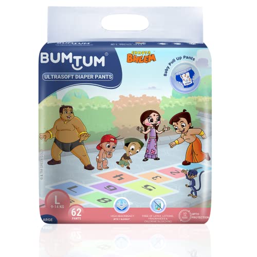 Bumtum Chota Bheem Large Baby Diaper Pants, 62 Count, Leakage Protection Infused With Aloe Vera, Cottony Soft High Absorb Technology (Pack of 1)