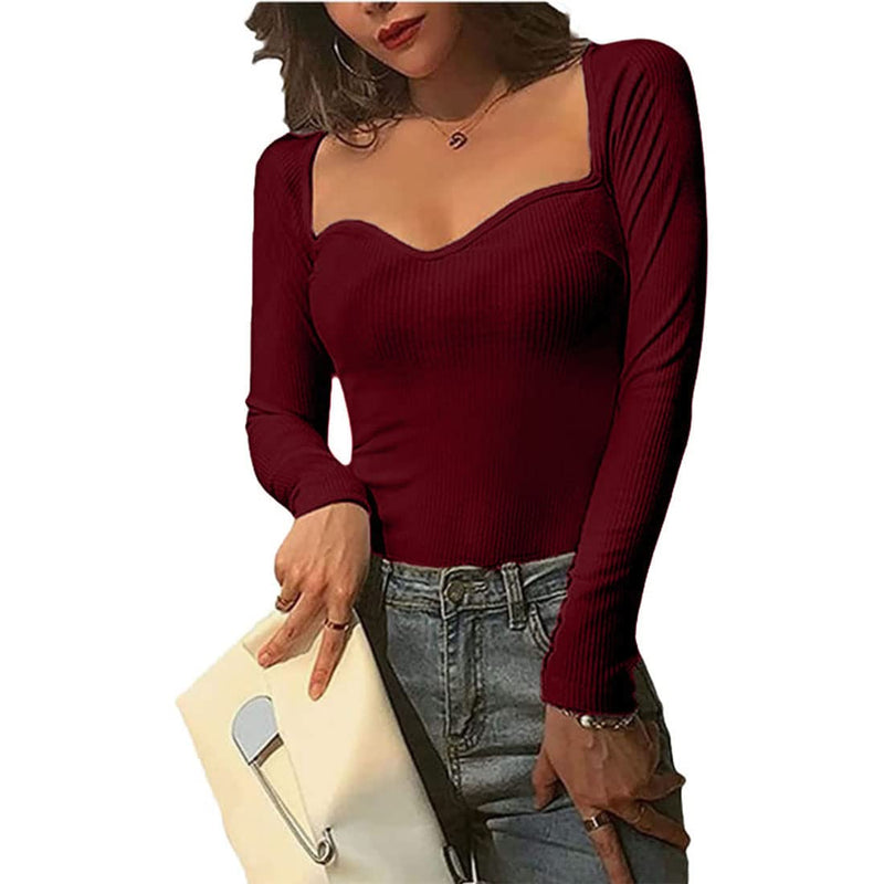 GLARE & BLAIR Sweetheart Neck Regular Fit Full Sleeve Casual Stylish Ribbed Tops for Women (Medium, Maroon)