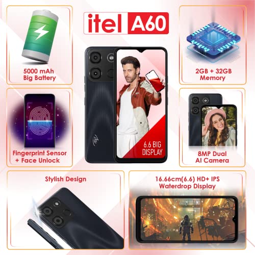 itel A60 (6.6 inch HD+ IPS Waterdrop Display | 5000mAh Battery | Fingerprint Sensor) - Sapphire Black