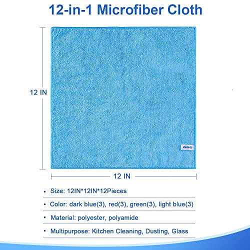 ovwo 12Pcs Premium Microfiber Cleaning Cloths - Highly Absorbent, Lint Free, Streak Free, Micro Fiber Cleaning Towels, Dish Cloth, Wash Clothes, Size: 12" X 12" Especially for Kitchen, Home