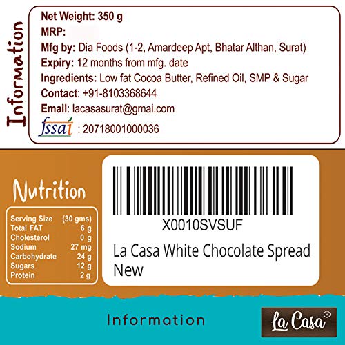 La Casa White Chocolate Spread | Vegetarian | All Natural Ganache | No Colors/Essence/Preservatives Used | 350 GMS |