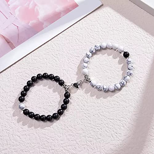 Okos Fashion Jewellery Combo of 2 Adjustable (Free Size) Stylish Unisex White and Black Beads Magnetic Heart Shape Couple Bracelet For Women and Men BR1000050COM