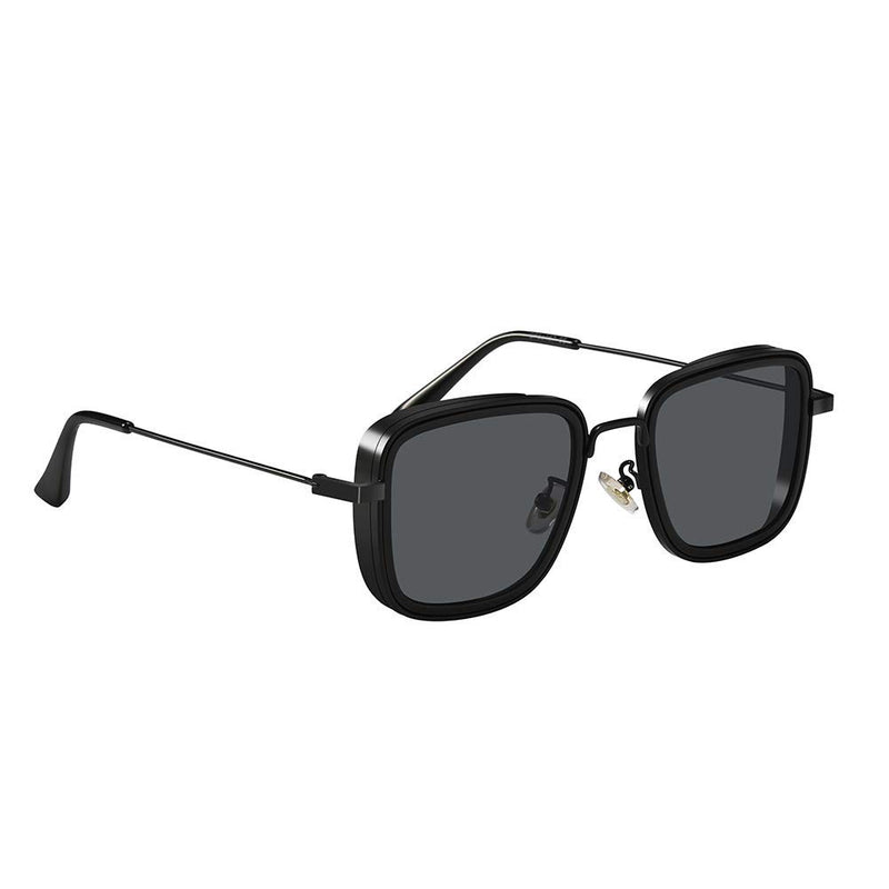 ELEGANTE Men Square Sunglasses Silver, Black Frame, Black Lens (Medium)