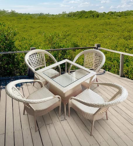 Ratan Indai Patio Seating 4 Chair and 1 Table Set with Glass Wicker Furniture Set for Balcony Outdoor Patio Indoor Living Room, Powder Coated Frame UV Protected Wicker (Skin)