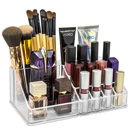 INOVERA (LABEL) Plastic 16 Compartment Cosmetic Display Cases Makeup Lipstick Storage Organizer Holder Box Case,Transparent (22L x 12.2W x 7.5H)