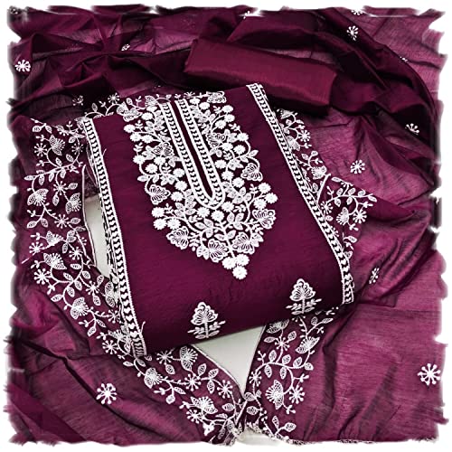 Cloth Clock Women's Heavy Chanderi Cotton Embroidery Work Unstitched Salwar Suit Dress Material With Chanderi Work Dupatta (Free Size_Multi Color) (Wine)