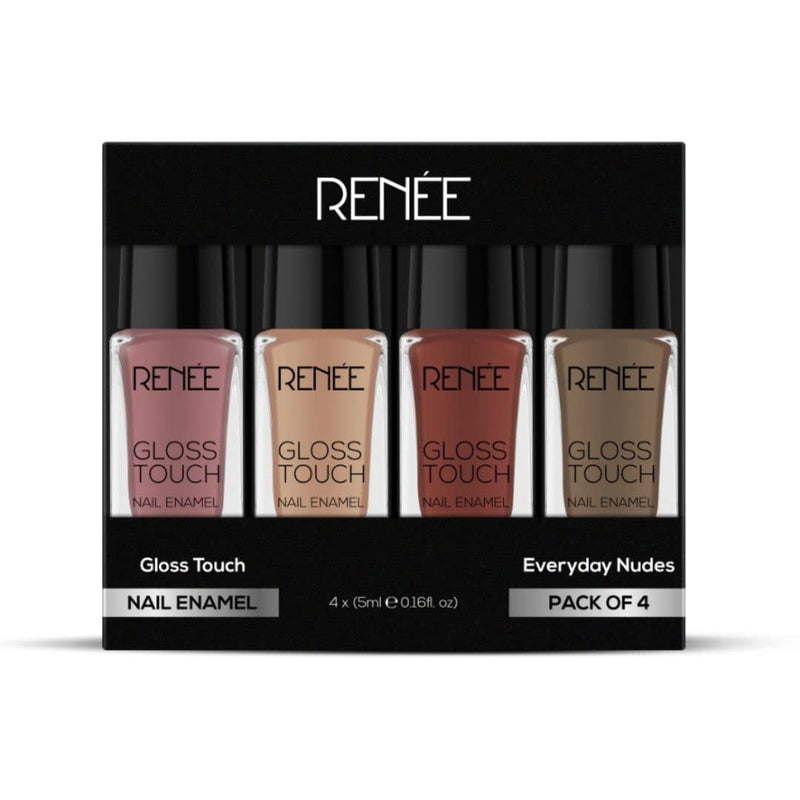 Renee Gloss Touch Nail Paint Set of 4, Quick Drying Nail Polish, Glossy Gel Finish Nail Kit, Highly Pigmented & Long Lasting Enamel, Chip Resistance 5ml Each Gift Set for Women N02 Everyday Nudes