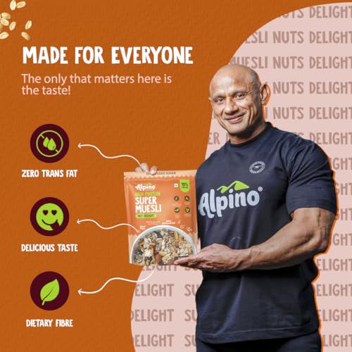 ALPINO Super Muesli Nut Delight 400g - 69% Whole Grain, 20% Dried Fruits & Nuts - Finest Nuts & Raisins, No Sugar Infused Fruits - High in Protein, Source of Fibre, Vegan - Breakfast Cereal