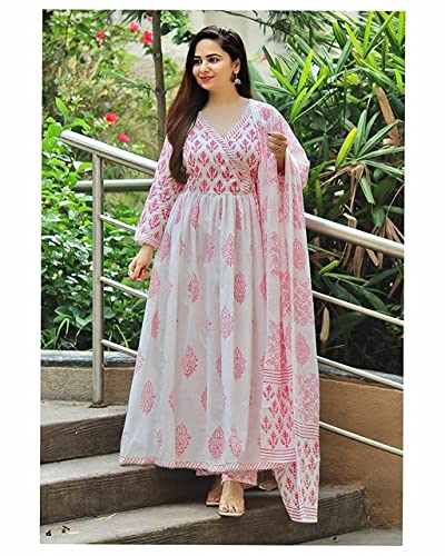 MEERA FAB Women's Cotton Printed Kurta With Palazzo & Dupatta Set