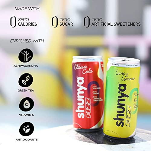 Shunya Fizz Lime & Lemon & Classic Cola Combo | Sugar Free Soft Drink | 0 Calories & No Aspartame | Supercharged with Green Tea, Ashwagandha & Vitamin C | Pack of 12(300 ml X 12)