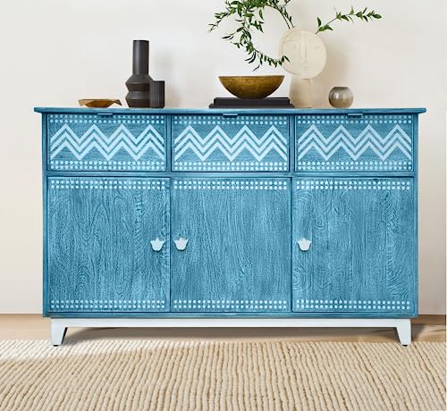 CORSICA DESIGNS | Modern Sideboard with White Accents | 100% Solid Mango Wood | Storage Cabinet & Chest | Bedroom, Dining Room & Living Room | Textured Blue/White (C. 3 Doors + 3 Drawers)