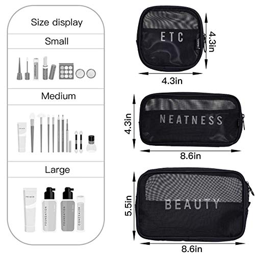 House Of Quirk Travel Mesh Makeup Bags Set 3 Pieces See Through Zipper Pouch Travel Cosmetic and Toiletry Organizer Bag 3 Pack of S M L (Black)