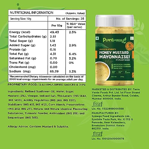 Plantaway Vegan Honey Mustard Plant Based Mayonnaise | Dairy & Gluten Free & No Plam Oil | No Artificial Color, Flavor & Trans Fats | 100% Vegetarian & Egg Free | 250g