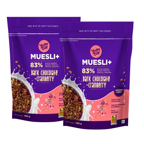 Yogabar Wholegrain Breakfast Muesli - Dark Chocolate + Cranberry, 700g (Pack of 2) (Super Saver Pack) | Healthy Cereals | Granola | Gluten Free | Antioxidant & Protein Rich