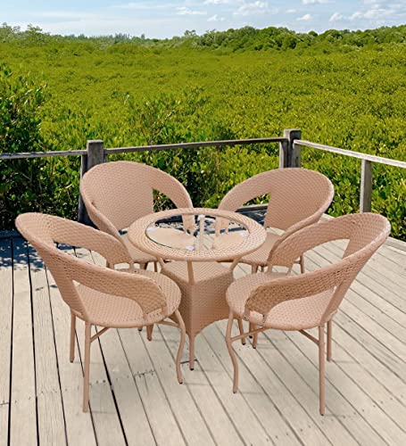 OUTLIVING Patio Seating Chair and Table Set of 5 p'cs Outdoor Furniture Garden Patio Seating Set 4 Chairs & 1 Table Balcony Furniture Coffee Table Sets (Light Brown)
