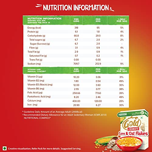 NESTLE GOLD Crunchy Oats & Corn Flakes, Breakfast Cereal with Immuno-Nutrients | Made with Whole Grains and the Goodness of B Vitamins, Calcium & Vitamin D, No Added Colours & Flavours, 850g