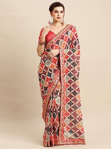 AKHILAM Women's Embellished Bandhani Lace Work Georgette Saree With Unstitched Blouse Piece (Multicolor_GLMP901)