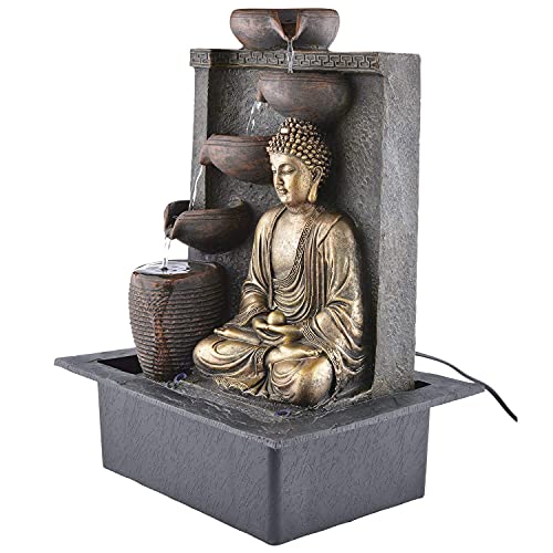 Saraswati Creations Resin Tabletop Indoor Water Fall Beautiful Decorative Polyfiber Water Fountains With Led Lights For Living Room Home Decoration (Buddh Diya)