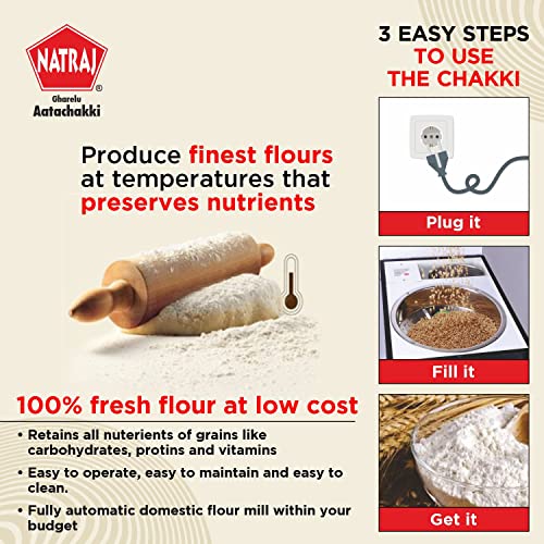 Natraj Viva Atta Chakki, Flour Mill Fully Automatic Domestic Ghar Ghanti for Grinding Masala and Grains, with Standard Accessories (0.75 Unit/hr)