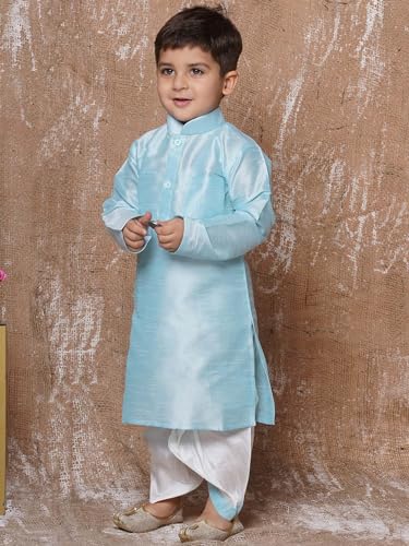 AJ DEZINES Kids Solid Silk Blend Dhoti Kurta Set For Boys (Sky Blue, 12-18 Months)