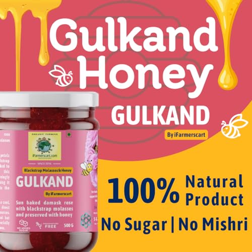 Organic Gulkand Infused with Honey & Blackstrap Molasses | No Added Sugar | No Artificial Flavors | Sun Baked Pure & Fresh Damask Rose Petal Jam | Handcrafted | Nutrient-Rich (500 G)