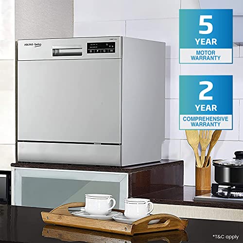 Voltas Beko 8 Place Settings Table Top Dishwasher (DT8S, Silver, Inbuilt Heater)