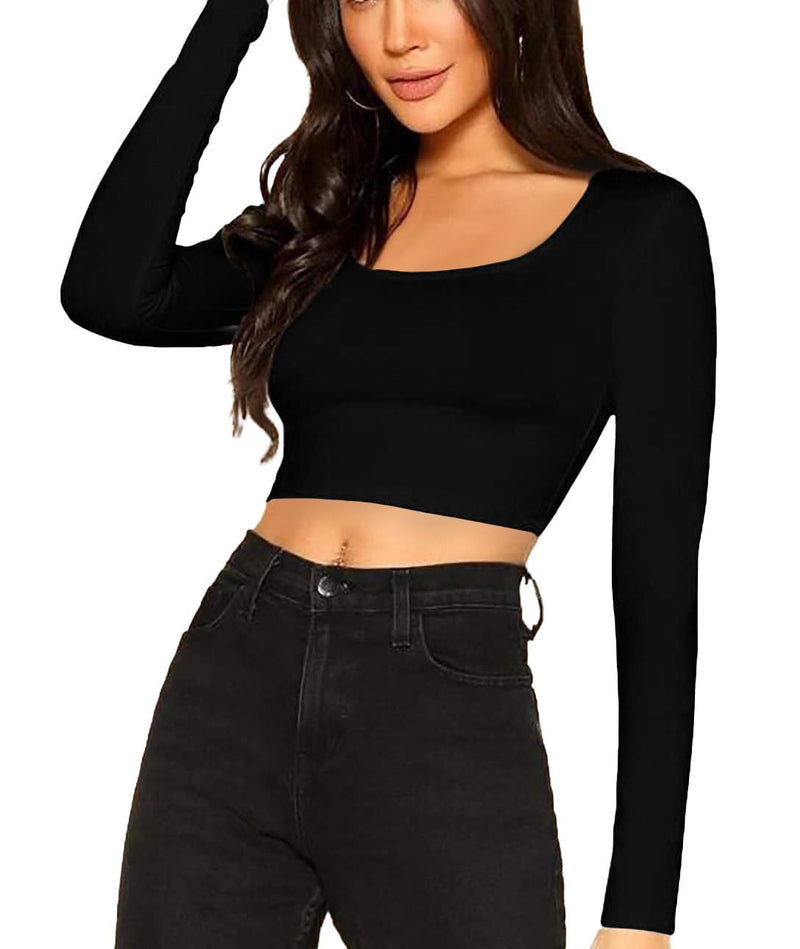 THE BLAZZE Women's Comfy Cotton Full Sleeves Tops Scoop Neck Crop Top Women L327 1059 (M, BLK)