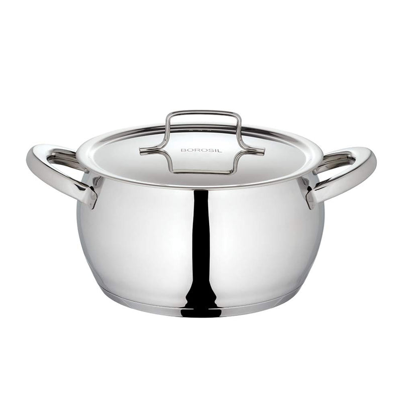 Borosil Stainless Steel Handi Casserole With Lid, Induction friendly, Impact Bonded Tri-ply Bottom, 2.1L