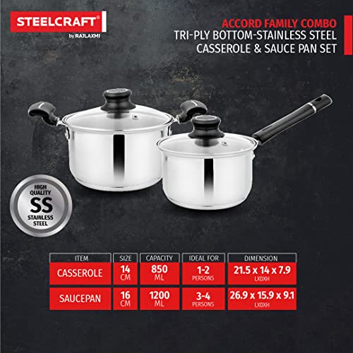 Steelcraft Premium Stainless Steel Gas Stove and Induction Friendly Accord Cookware Set /1 Pc Sauce Pan16 cm(1200ml) / 1 Pc Casserole 14 cm(850ml) with Glass lid, Silver, Set of 2