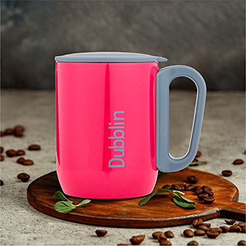 DUBBLIN Polo Stainless Steel Unbreakable Tea Coffee Mug Double Wall Insulated with Handle and Lid, Wide Mouth Mug Keeps Beverages Hot & Cold 220 ML Pink