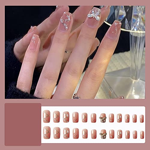 Secret Lives® acrylic press on nails artifical extension nude color with white pearls & silver glitter with 3d bow fake nails design 24 pieces set with kit