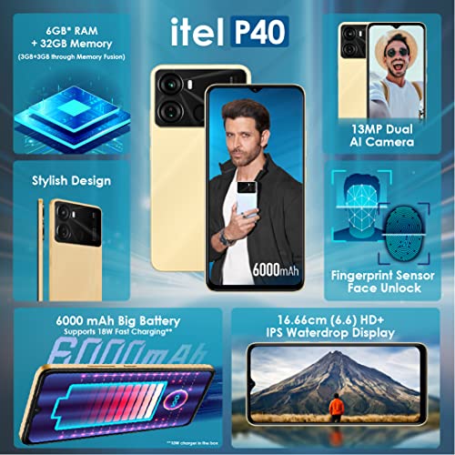 itel P40 (6000mAh Battery with Fast Charging | 3GB RAM + 32GB ROM, Up to 6GB RAM with Memory Fusion | Octa-core Processor | 13MP AI Dual Rear Camera) - Luxurious Gold